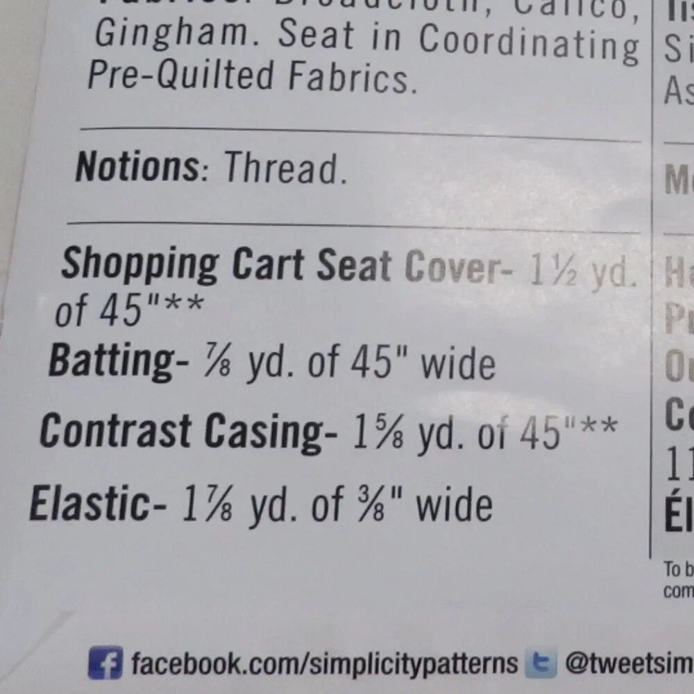 Simplicity C2109 Shopping Cart Cover Walmart Exclusive one size UNCUT